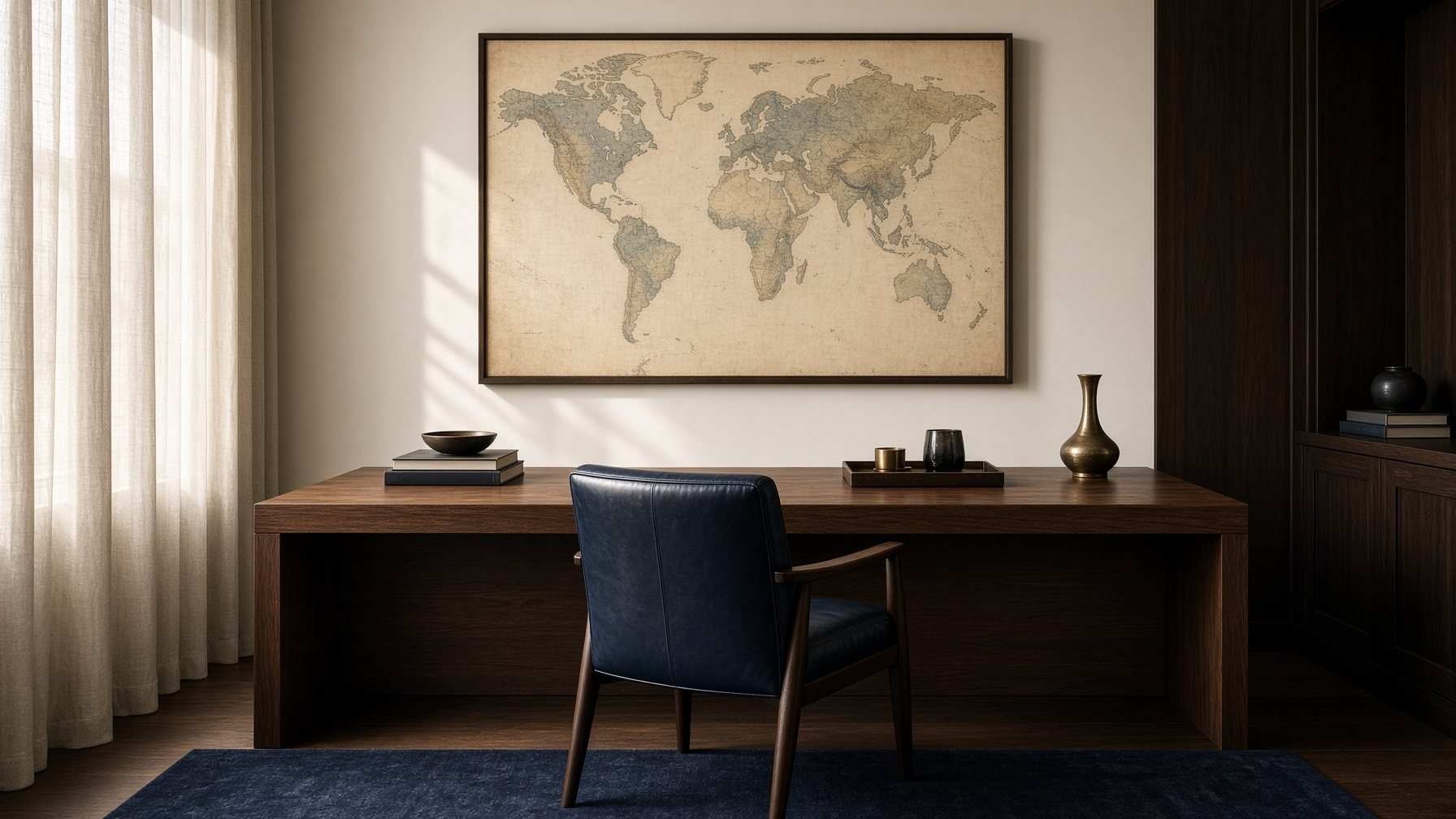 Private office with a world map