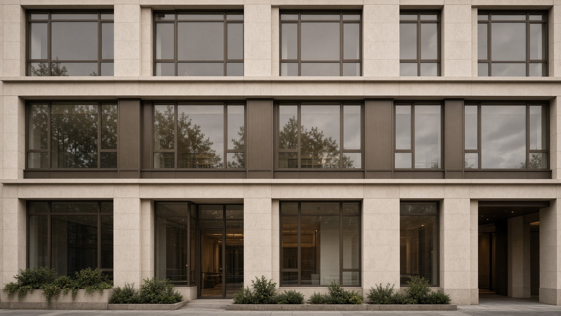 Limestone and glass mixed-use building